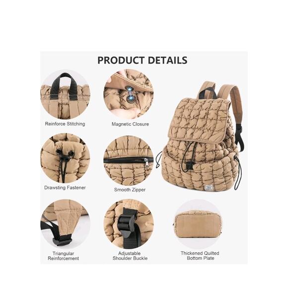 Quilted Puffer Backpack for Women, Lightweight Puffy Hiker Pack, Khaki - Picture 6 of 9